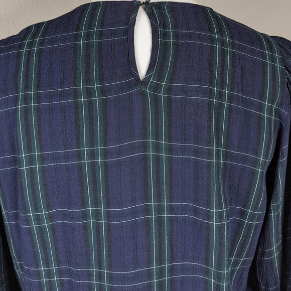 Zara Tartan Plaid Blue Green Balloon Sleeve Keyhole Back Top Academia - Picture 4 of 9